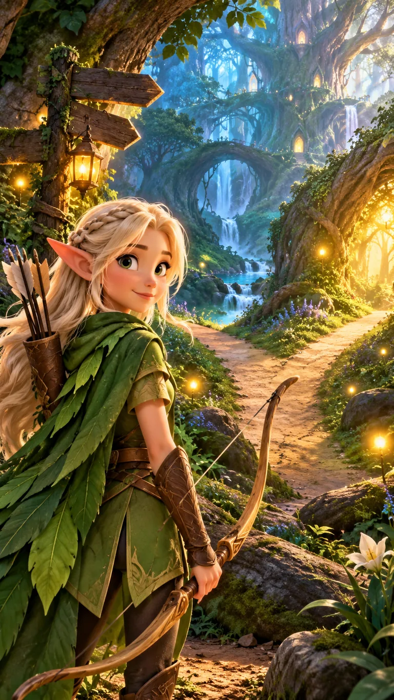 Lys, jeune archère elfe, à l'orée de la forêt enchantée