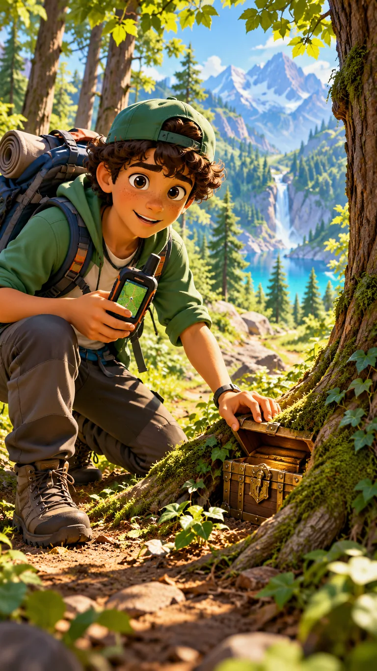 Yanis, jeune géocacheur, avec son GPS dans la forêt