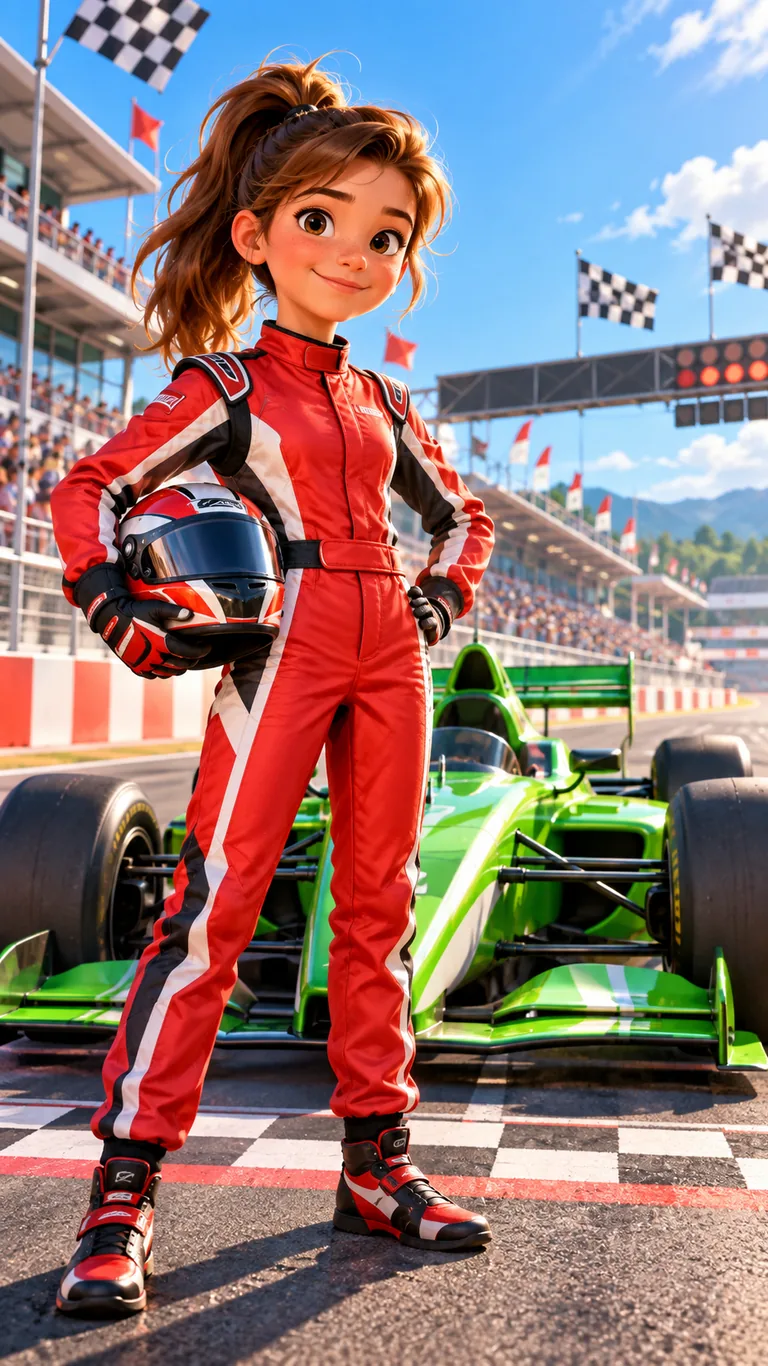 Nina, jeune pilote, devant sa voiture de course