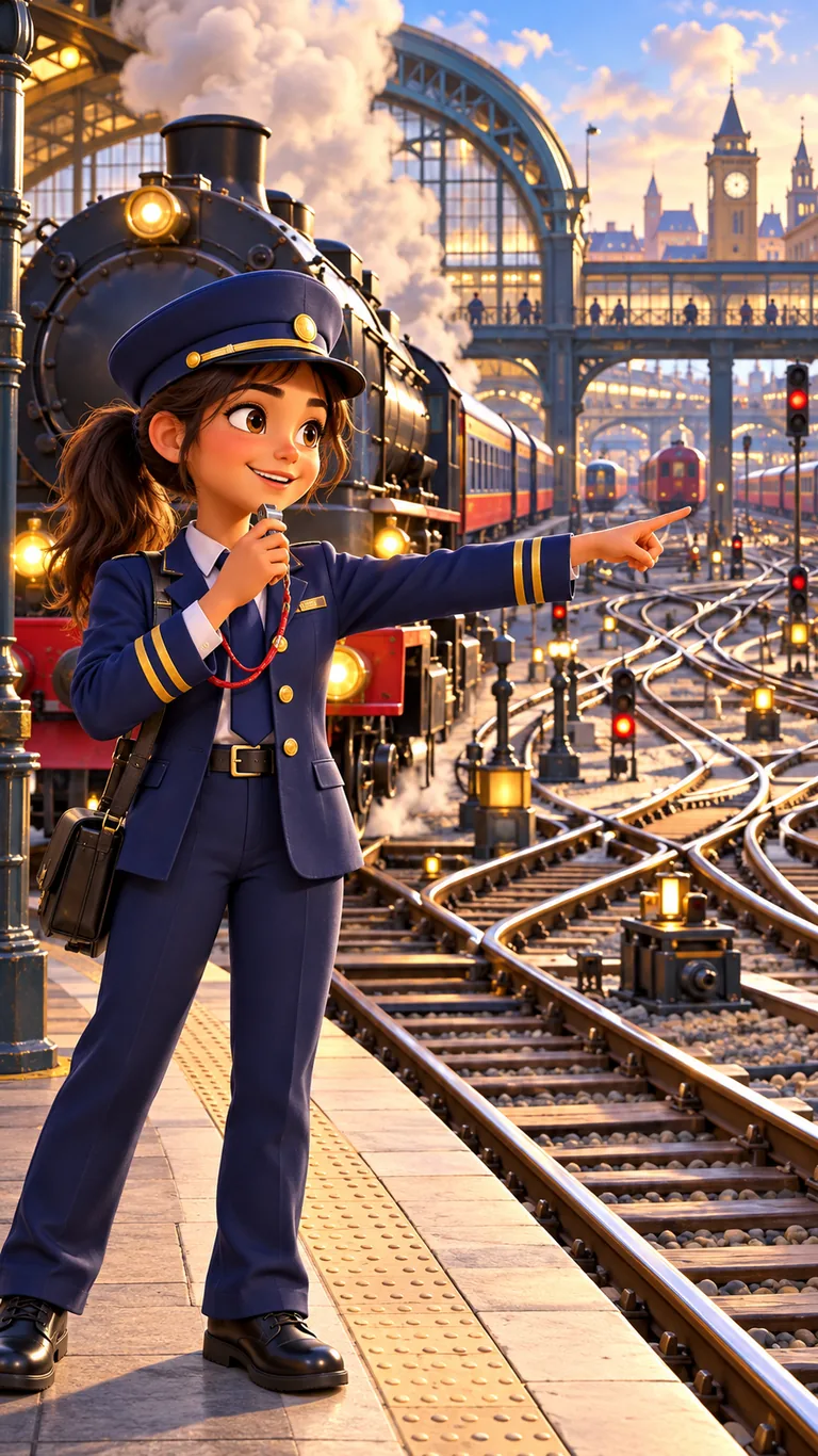 Aya, cheffe de gare, sur le quai devant une locomotive