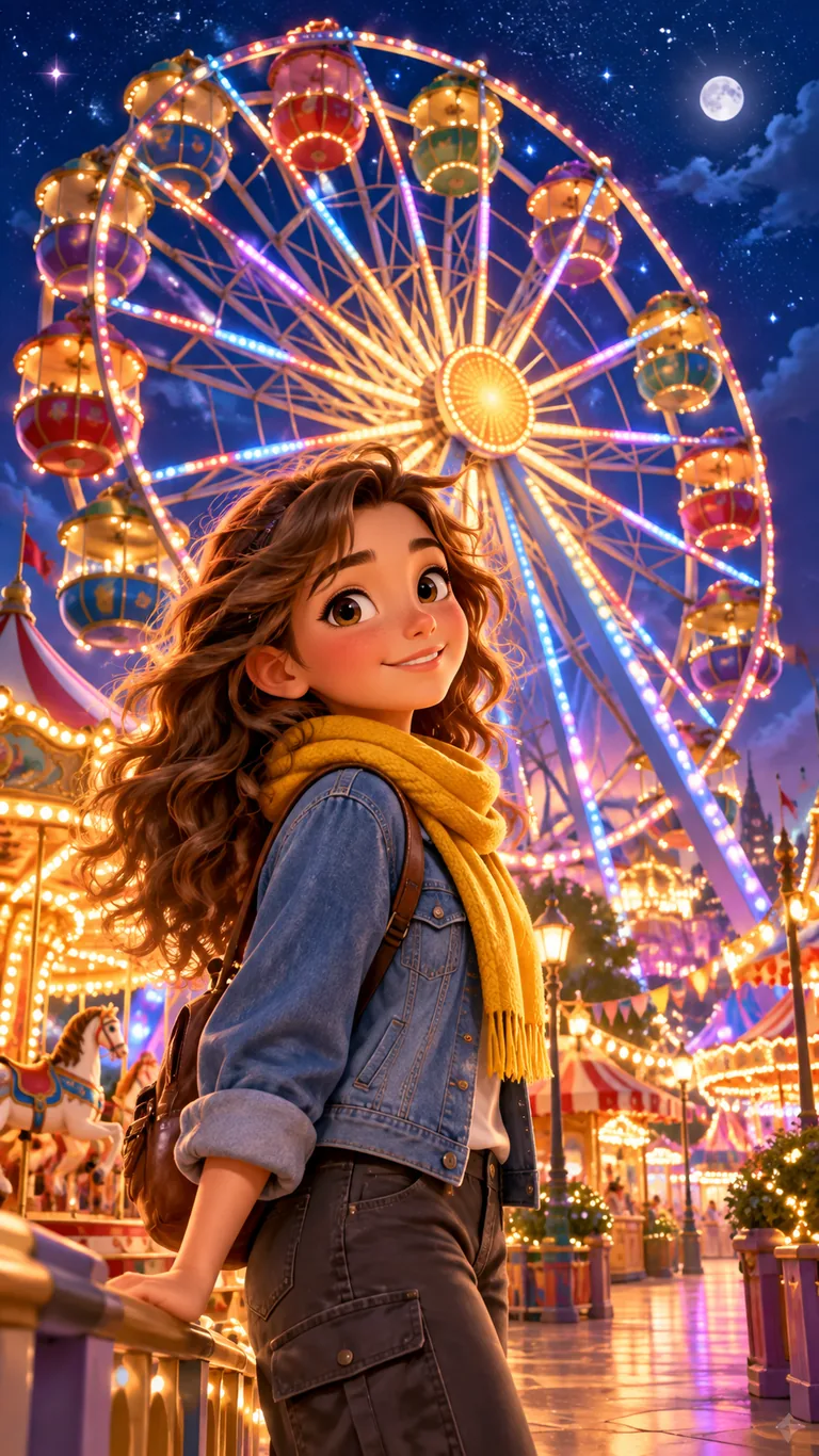 Jade, 16 ans, devant la grande roue illuminée de la fête foraine