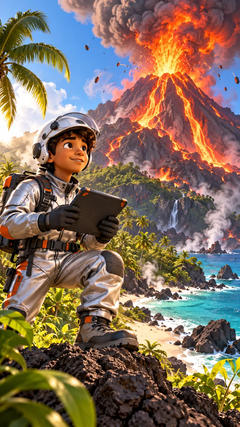 Malik, jeune volcanologue, devant le volcan en éruption