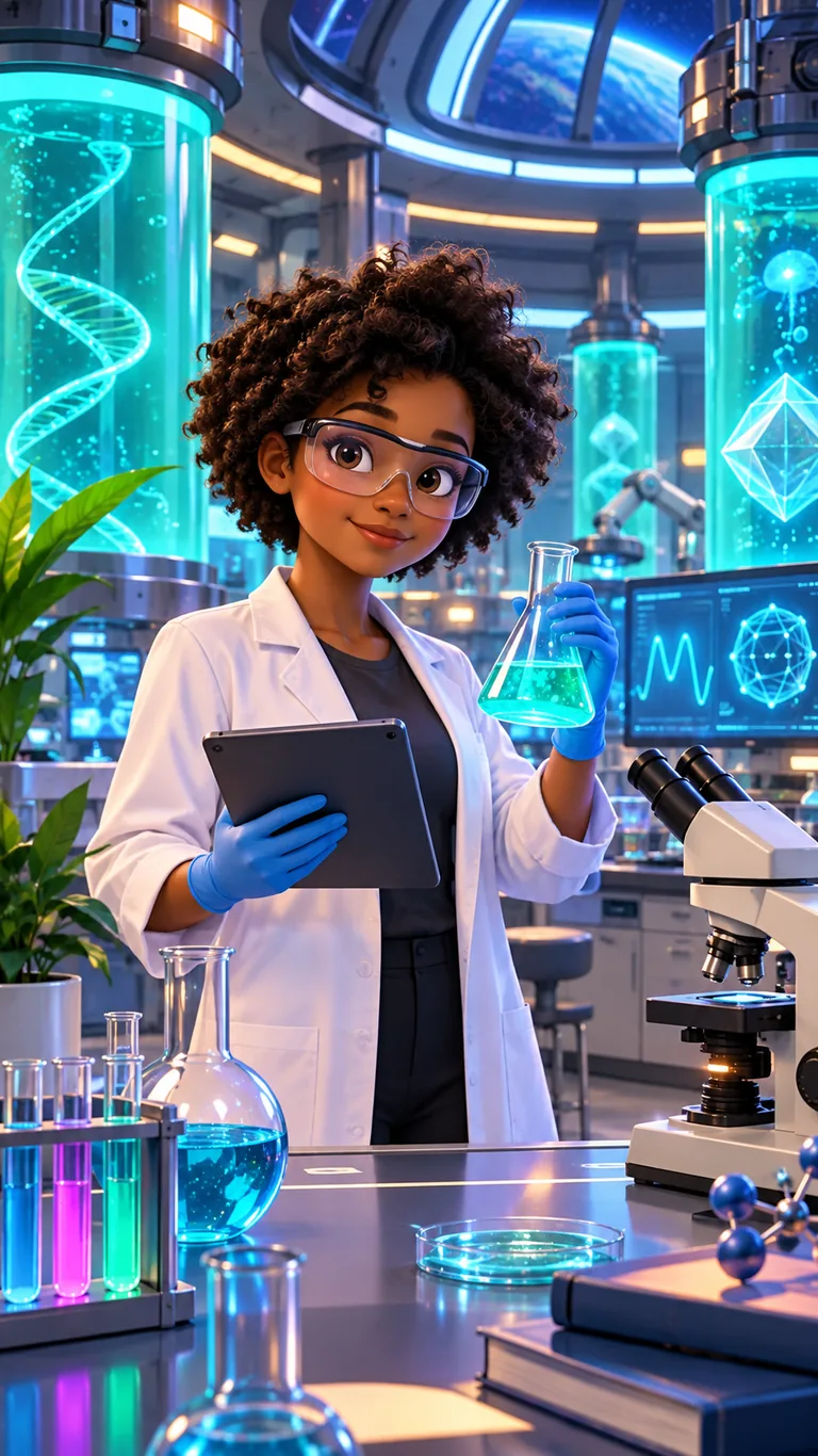 Iris, 17 ans, chercheuse dans un laboratoire futuriste