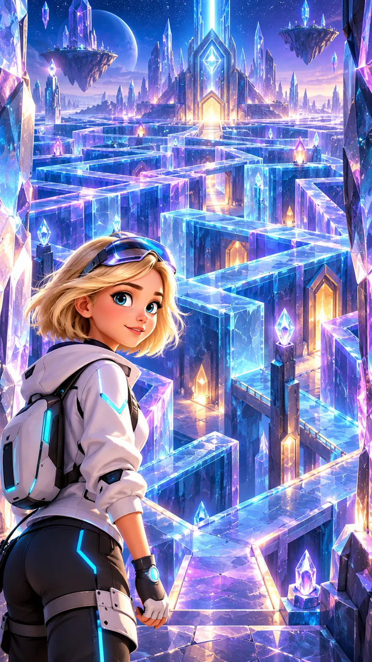 Élise, 17 ans, à l'entrée d'un labyrinthe de cristal en 3D