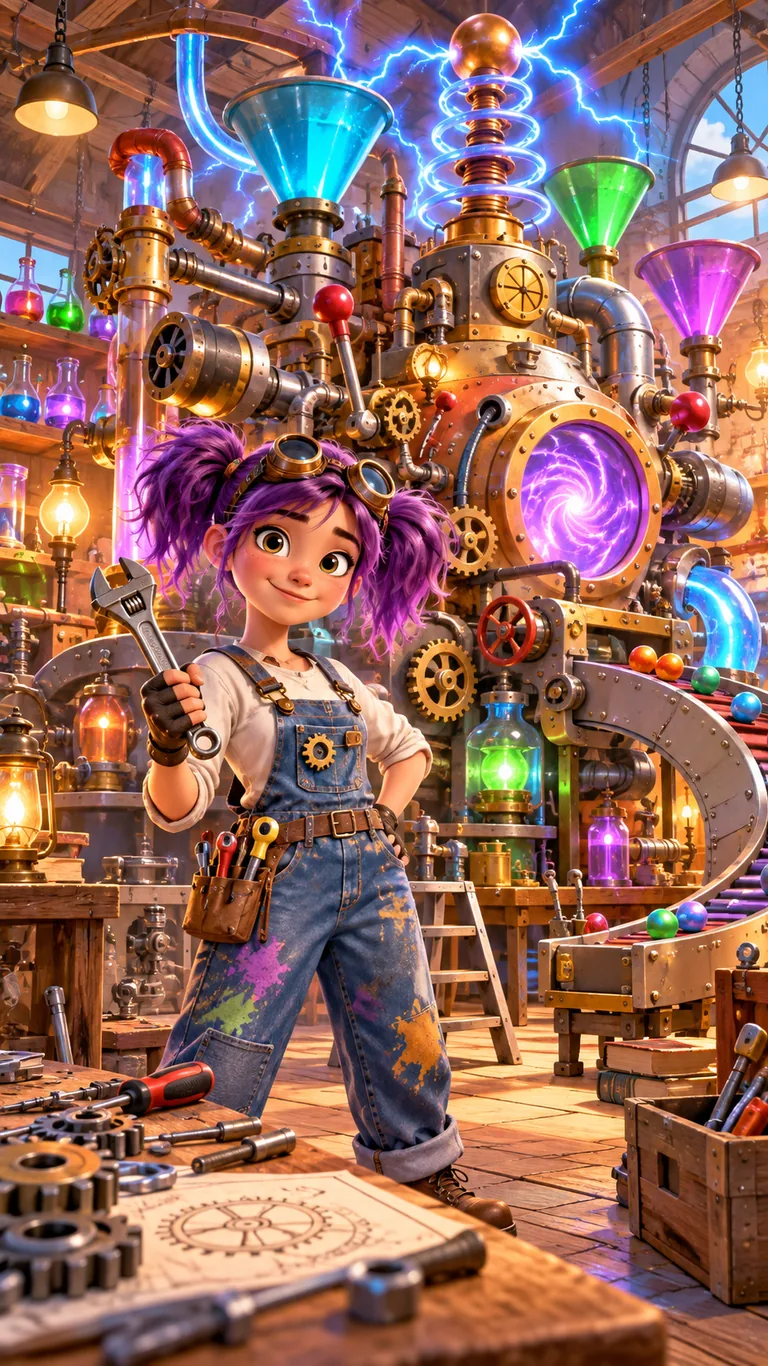 Lila, apprentie inventrice, devant la machine du Professeur Fonk