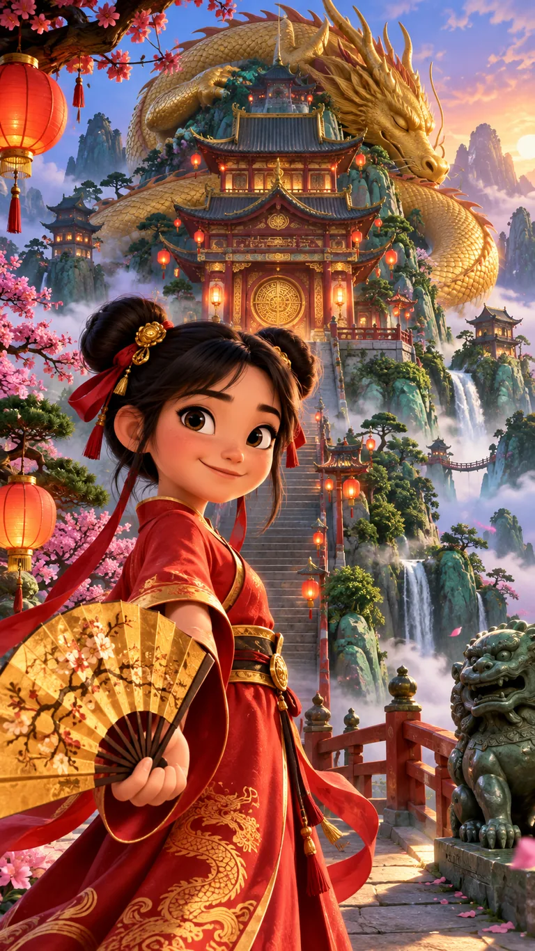 Mei devant le temple du Dragon aux lanternes rouges