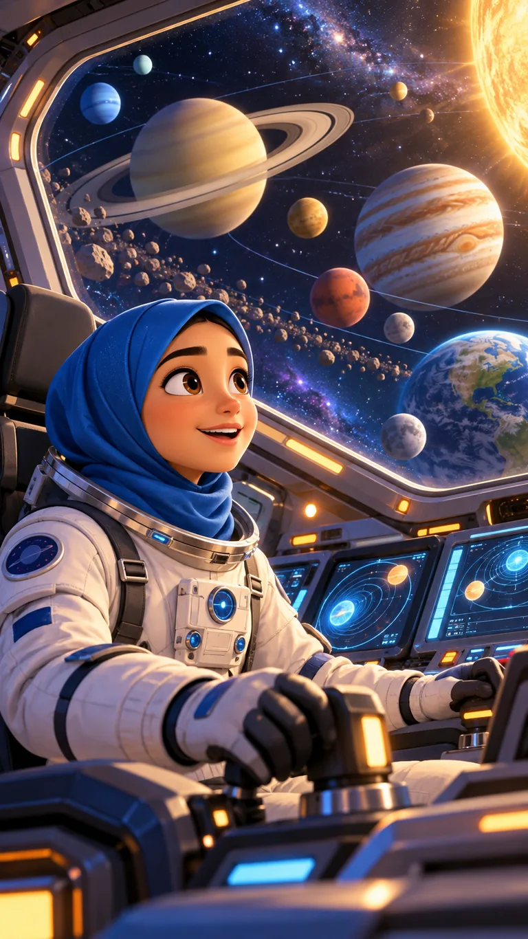 Nour, jeune astronome, devant les planètes du système solaire