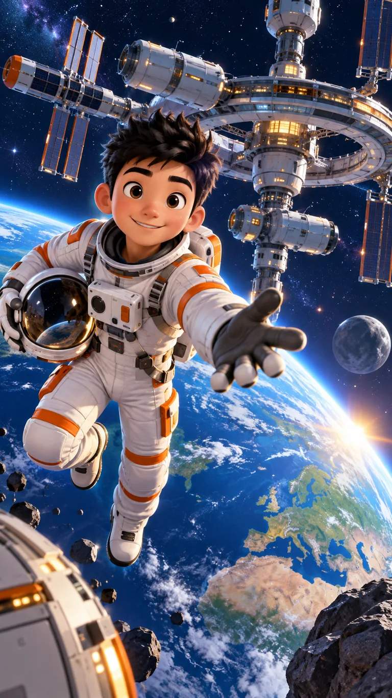 Kenji, jeune astronaute, devant la station orbitale