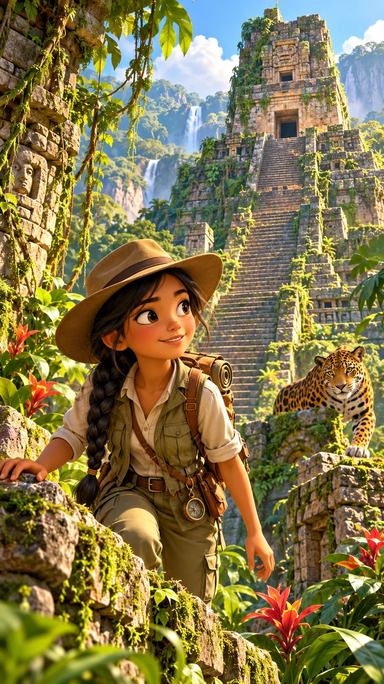 Itzel, jeune exploratrice, devant le temple dans la jungle