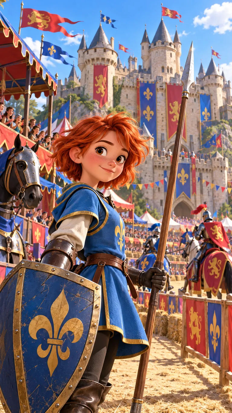 Léna, jeune écuyère, devant le château du tournoi