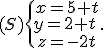 (S)\{\begin{matrix}\,x=5+t\\\,y=2+t\,\\\,z=-2t\end{matrix}.