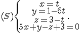 (S)\{\begin{matrix}\,x=t\\\,y=1-6t\,\\\,z=3-t\\\,5x+y-z+3=0\end{matrix}.