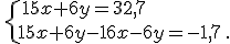 \,\{\,15x+6y=32,7\,\\15x+6y-16x-6y=-1,7\,.