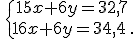 \,\{\,15x+6y=32,7\,\\16x+6y=34,4\,.