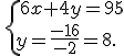 \,\{\,6x+4y=95\\y=\frac{-16}{-2}=8.