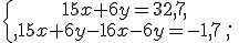 \{\begin{matrix}\,15x+6y=32,7,\,\,\\,15x+6y-16x-6y=-1,7\,,\,\,\end{matrix}.