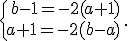 \{\begin{matrix}\,b-1=-2(a+1)\\\,a+1=-2(b-a)\,\end{matrix}.