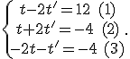 \{\begin{matrix}\,t-2t'=12\,\,\,(1)\\\,t+2t'=-4\,\,\,(2)\\\,-2t-t'=-4\,\,(3)\end{matrix}.