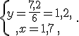 \{\begin{matrix}\,y=\frac{7,2}{6}=1,2,\,\,\\,x=1,7\,,\,\,\end{matrix}.