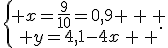 \{\begin{matrix} x=\frac{9}{10}=0,9 \, \, \\ y=4,1-4x\, \, \end{matrix}.