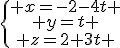 \{\begin{matrix} x=-2-4t \\ y=t \\ z=2+3t \end{matrix}