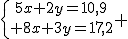 \{{5x+2y=10,9\atop 8x+3y=17,2} 