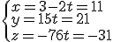 \begin{cases} x = 3-2t = 11 \\ y = 1+5t = 21 \\ z = -7+6t = -31 \end{cases}