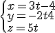 \begin{cases}x = 3t-4 \\ y = -2t+4 \\ z = 5t\end{cases}