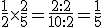 \frac{1}{2}\times   \frac{2}{5}=\frac{2:2}{10:2}=\frac{1}{5}