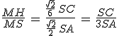 \frac{MH}{MS}\,=\,\frac{\frac{\sqrt{2}}{6}\,SC}{\frac{\sqrt{2}}{2}\,SA}\,=\,\frac{SC}{3SA}