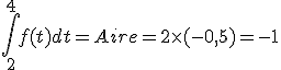 \int_{2}^{4}f(t)dt=Aire=2\times(-0,5)=-1