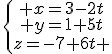 \left\{\begin{matrix} x=3-2t\\ y=1+5t\\z=-7+6t \end{matrix}\right.