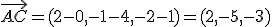 \vec{AC} = (2-0,-1-4,-2-1) = (2,-5,-3)