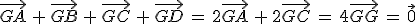 \vec{GA}\,+\,\vec{GB}\,+\,\vec{GC}\,+\,\vec{GD}\,=\,2\vec{GA}\,+\,2\vec{GC}\,=\,4\vec{GG}\,=\,\vec{0}