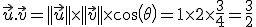 \vec{u}.\vec{v}=||\vec{u}||\times  ||\vec{v}||\times   cos(\theta)=1\times   2\times   \frac{3}{4}=\frac{3}{2}