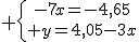  \{{-7x=-4,65\atop y=4,05-3x}