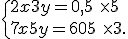  \{ 2x+3y=0,5\,\,\times   5\\7x+5y=605\,\,\times   3 .