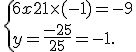  \{ 6x+21\times   (-1)=-9\\y=\frac{-25}{25}=-1 .