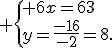  \{ 6x=63\\y=\frac{-16}{-2}=8.