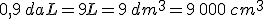 0,9\,daL=9L=9\,dm^3=9\,000\,cm^3