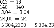 013\,=\,13\\140\,=\,140\,\\\,3,04\,=\,3,04\,\\24,00\,=\,24\,\\\,5\,304,2300\,=\,5\,304,23