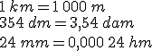 1\,km=1\,000\,m\\354\,dm=3,54\,dam\\24\,mm=0,000\,24\,hm