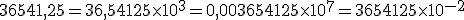 36541,25 = 36,54125\times   10^3 = 0,003654125\times   10^7 = 3654125 \times   10^{-2}