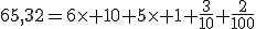 65,32=6\times 10+5\times 1+\frac{3}{10}+\frac{2}{100}
