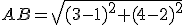 AB=\sqrt{(3-1)^2+(4-2)^2}