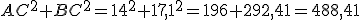 AC^2+BC^2=14^2+17,1^2=196+292,41=488,41