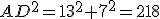 AD^2=13^2+7^2=218