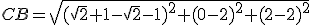 CB=\sqrt{(\sqrt{2}+1-\sqrt{2}-1)^2+(0-2)^2+(2-2)^2}