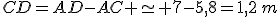 CD=AD-AC \simeq 7-5,8=1,2\,m