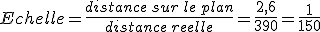 Echelle=\frac{distance\,sur\,le\,plan}{distance\,reelle}=\frac{2,6}{390}=\frac{1}{150}